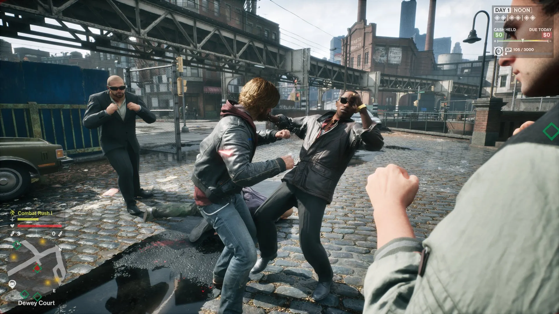 A street fight with bystanders. Significance decides which of these characters get full animation, cloth and every-frame brains, and which do not.