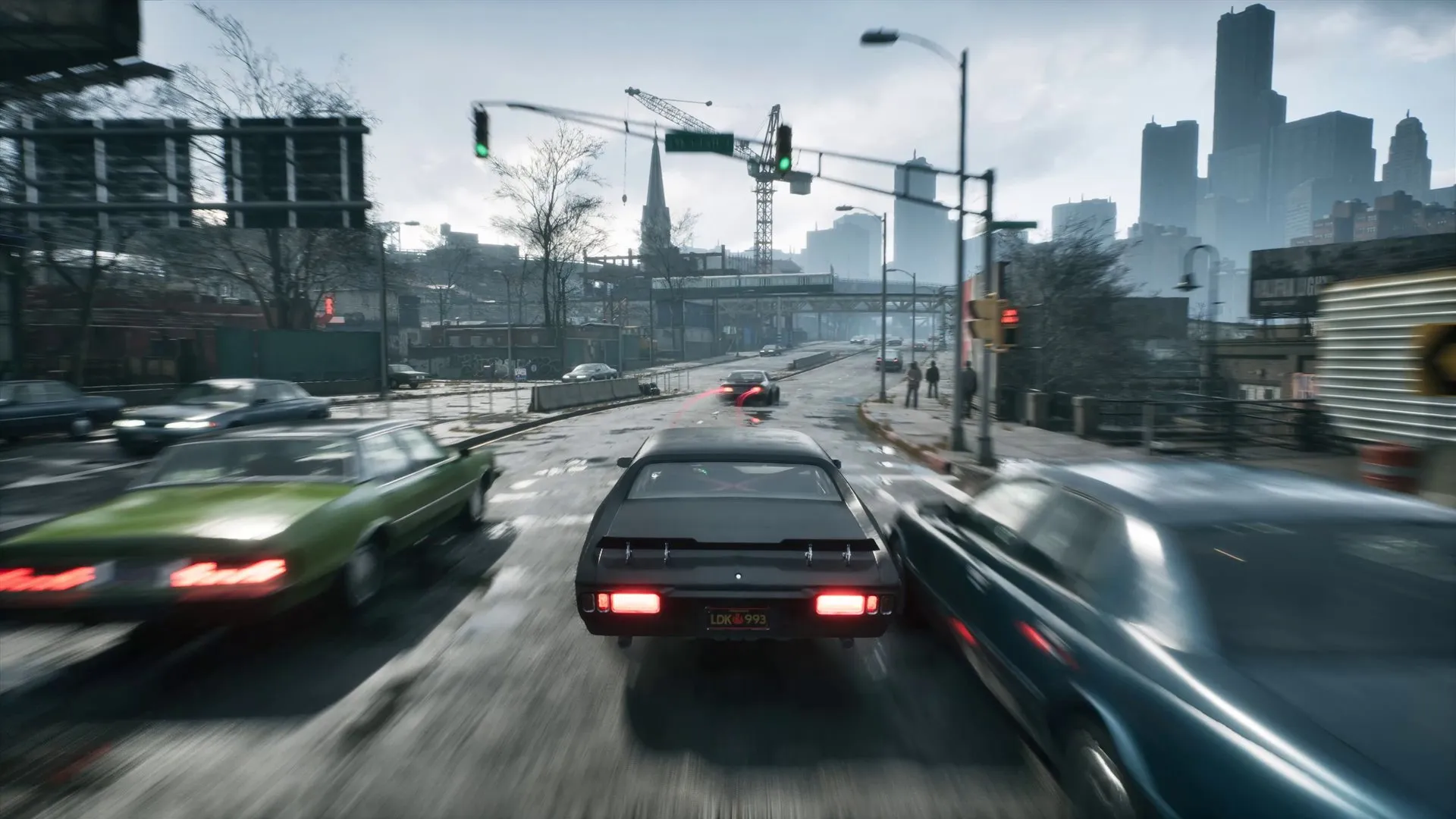 Driving fast through downtown is the case that exposed the World Partition GC threshold: cells stream out behind the car faster than the timer-driven GC would ever collect them.