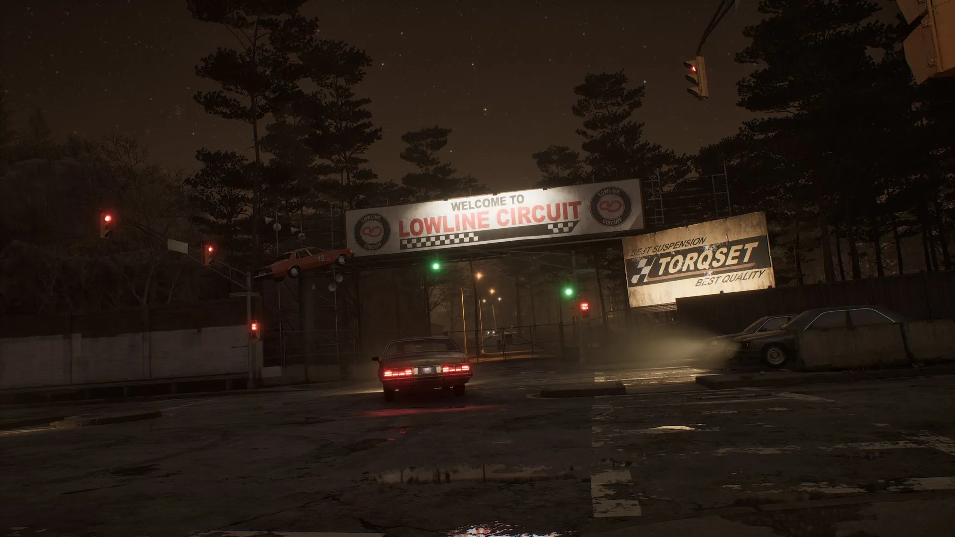 A night road in the city. On a seeded soak the car drives itself along roads like this while the frame-time distribution is recorded.