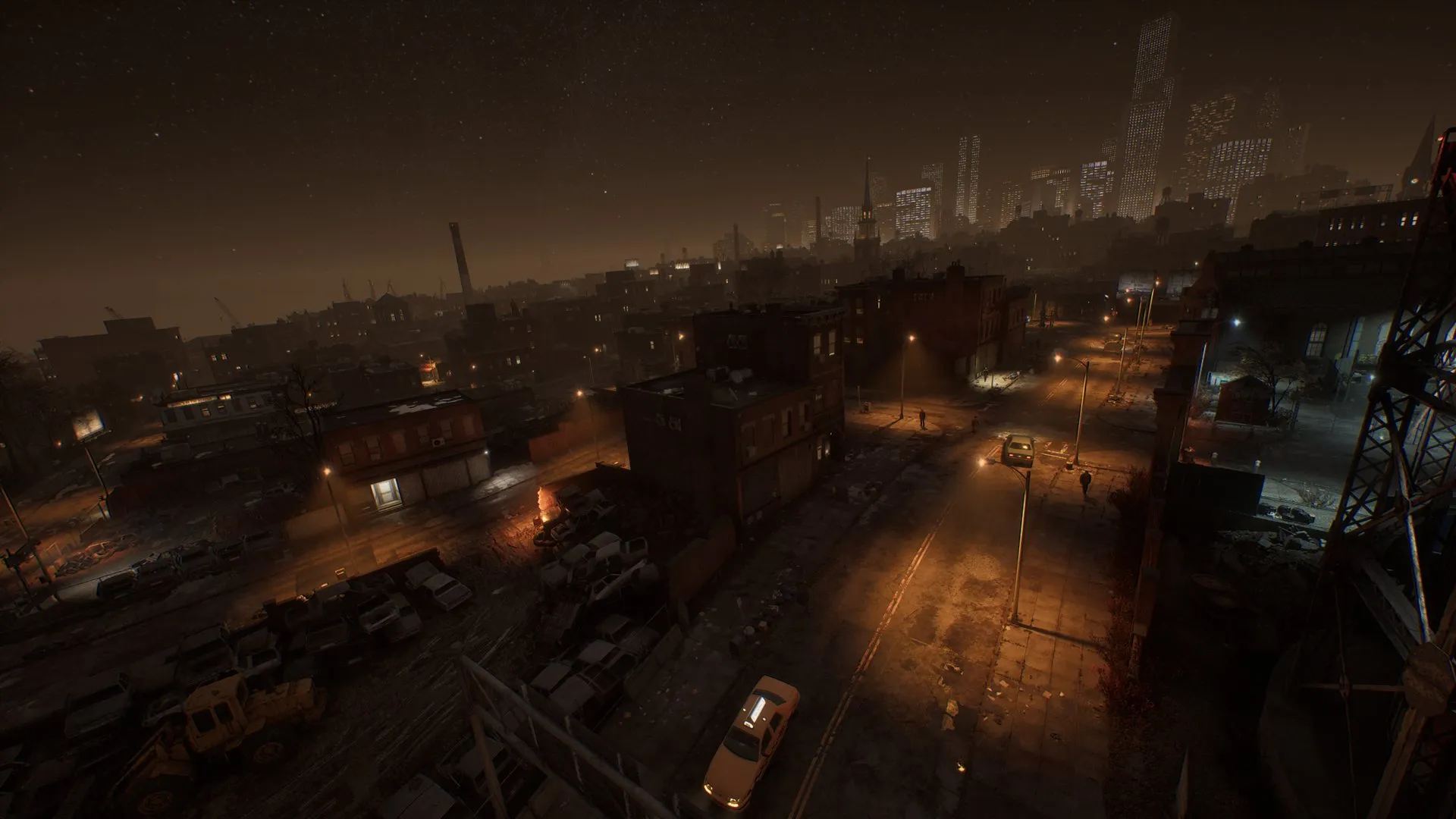 A night street with traffic and pedestrians.