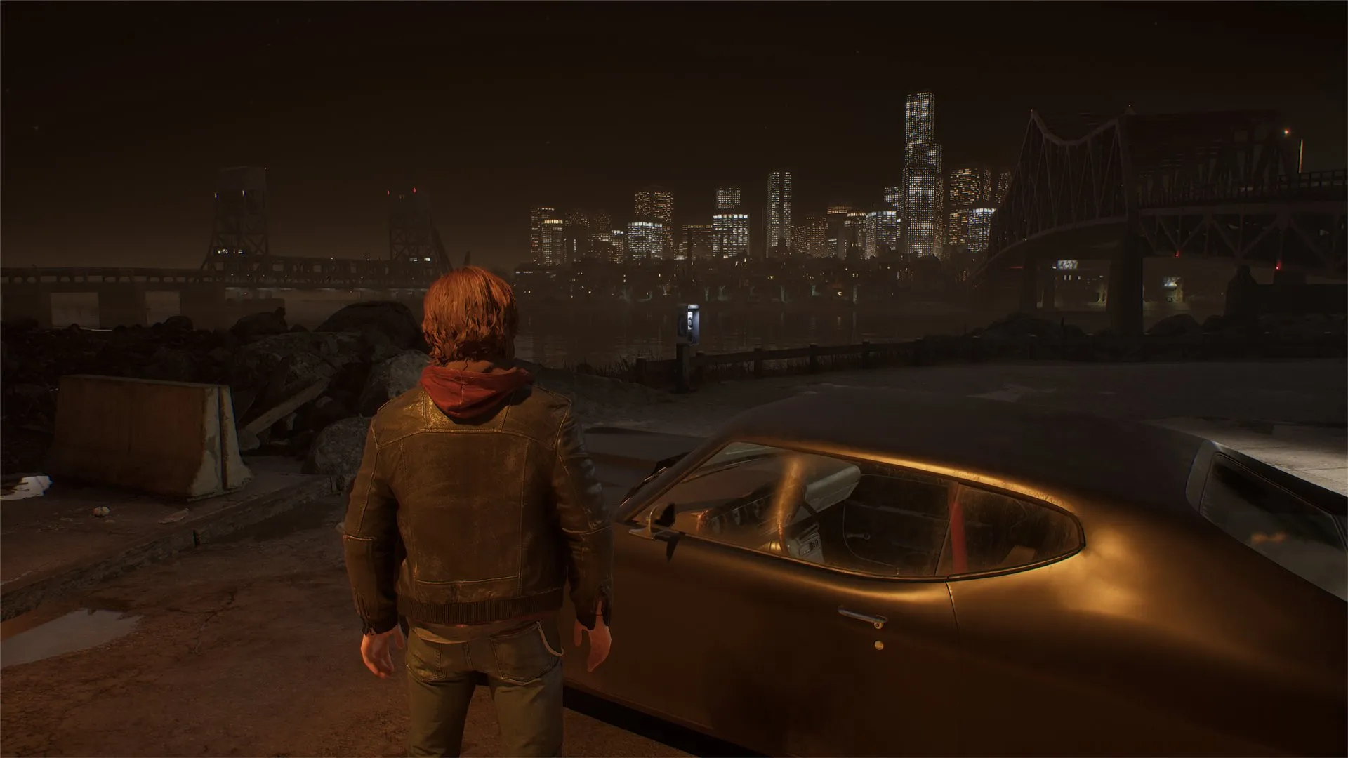 Samson, the player character, with the city skyline behind him. Everything in that skyline has to stream, simulate and render inside a 16.7 ms frame.