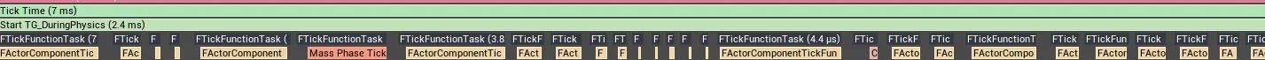 Unreal Insights game-thread timeline of a DuringPhysics tick group with one FTickFunctionTask per component.