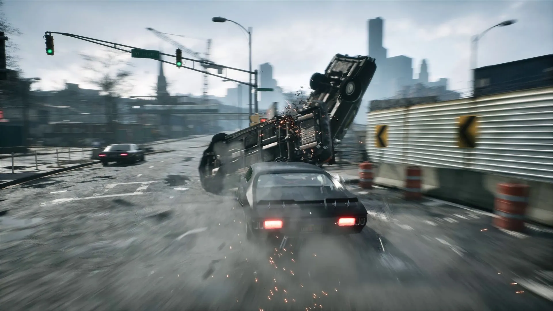 A traffic car flipping after a collision. Vehicle handling, destruction and ragdolls all run on the same fixed 33 ms physics step.