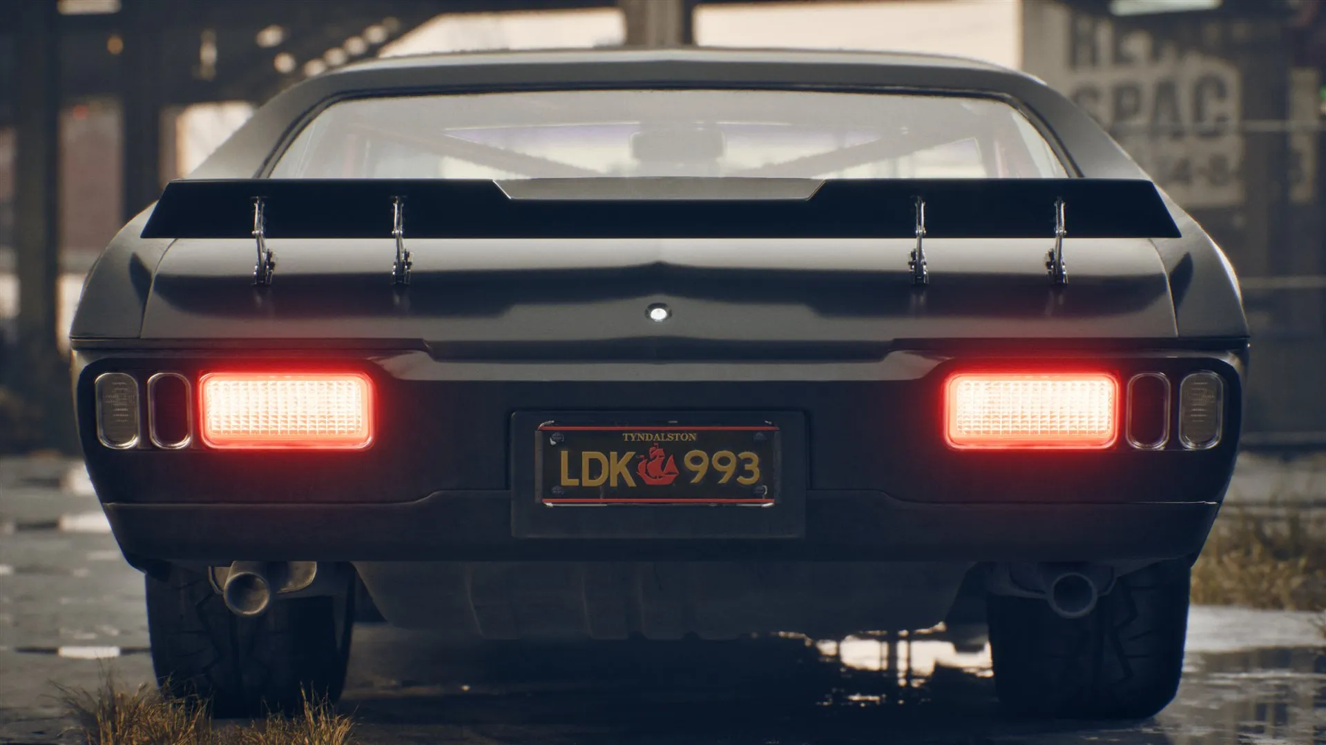 A vehicle up close. Body panels, lights, glass and wheels are separate attached components, and every one of them is recomputed whenever the chassis moves.